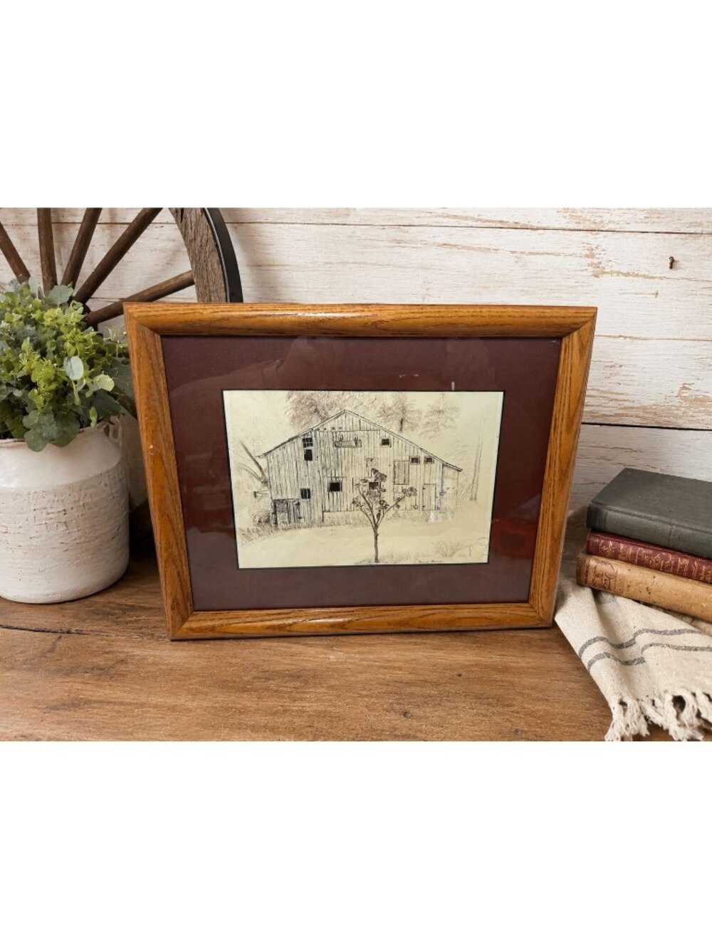 Rustic Barn Pencil Drawing By Joanna Johnson Framed In Oak Wood 12x10 Inches